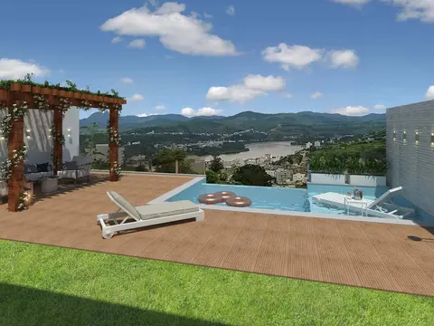 Projeto em 3D: Deck com piscina e pergolado de frente para o vale