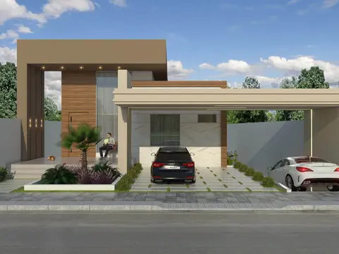 Projeto em 3D: Fachada de casa térrea com garagem lateral