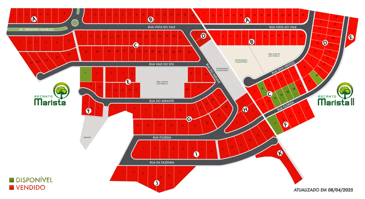 Mapa dos lotes do Recanto Marista I e II, com os lotes disponíveis em verde e os vendidos em vermelho